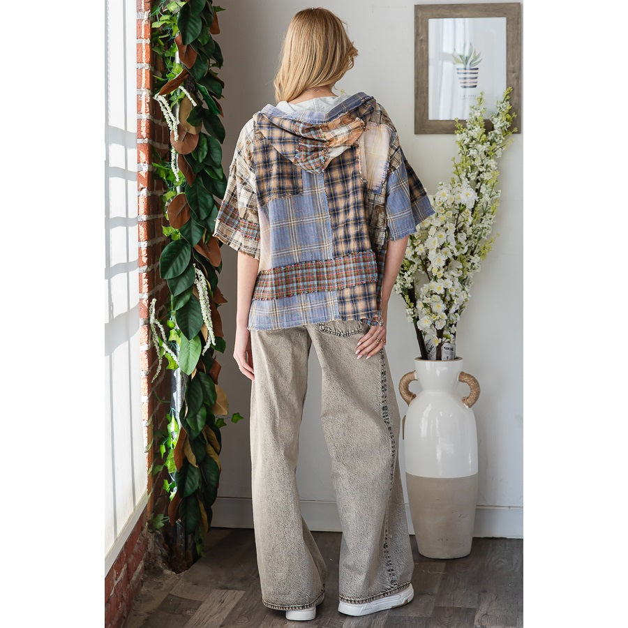 Washed Plaid Mix Buttondown Hoodie Top
