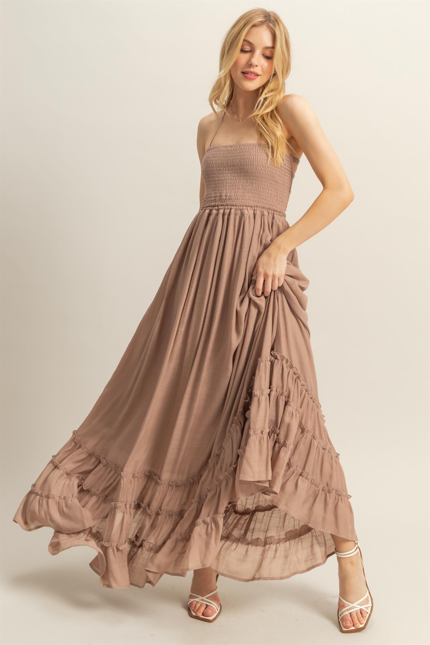 Halter Neck smocked Bodice Tiered Hem Maxi Dress