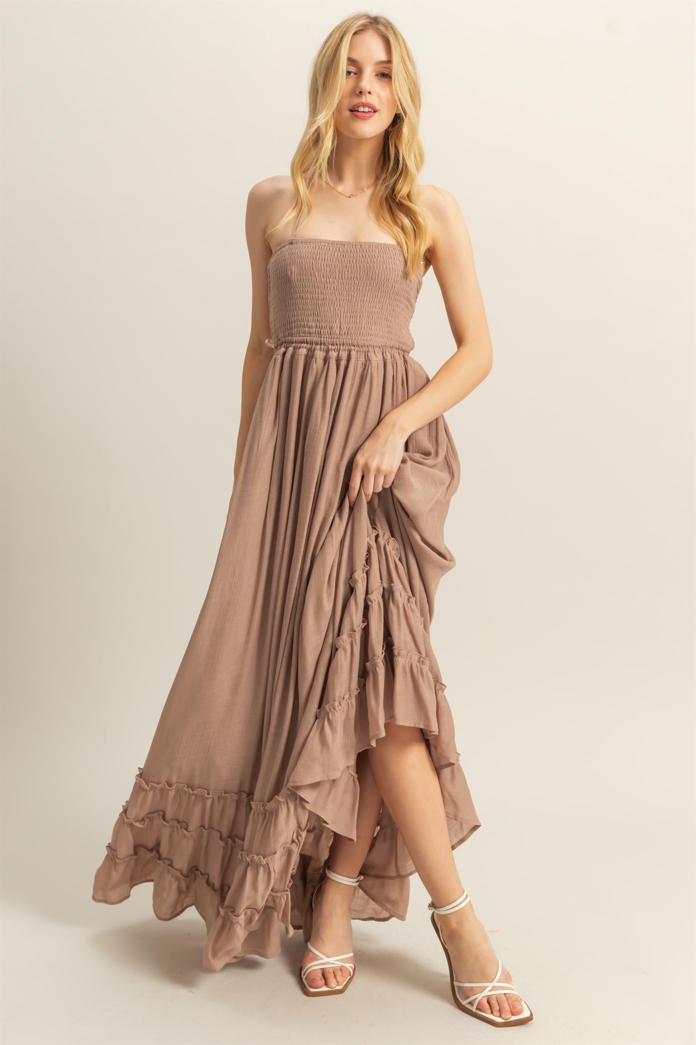 Halter Neck smocked Bodice Tiered Hem Maxi Dress