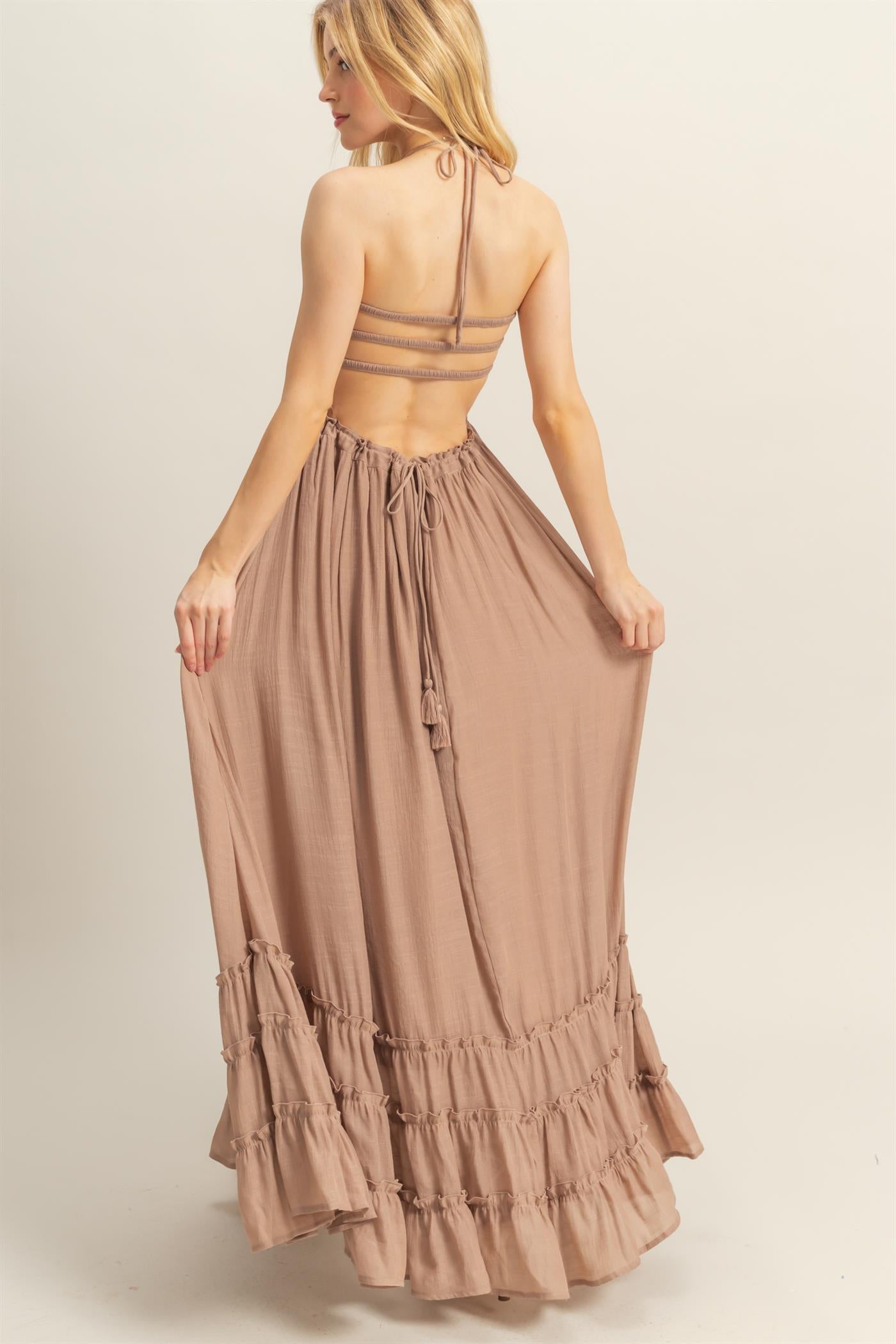 Halter Neck smocked Bodice Tiered Hem Maxi Dress