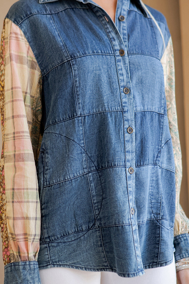 Patchwork Denim/ Cotton Button Shirt