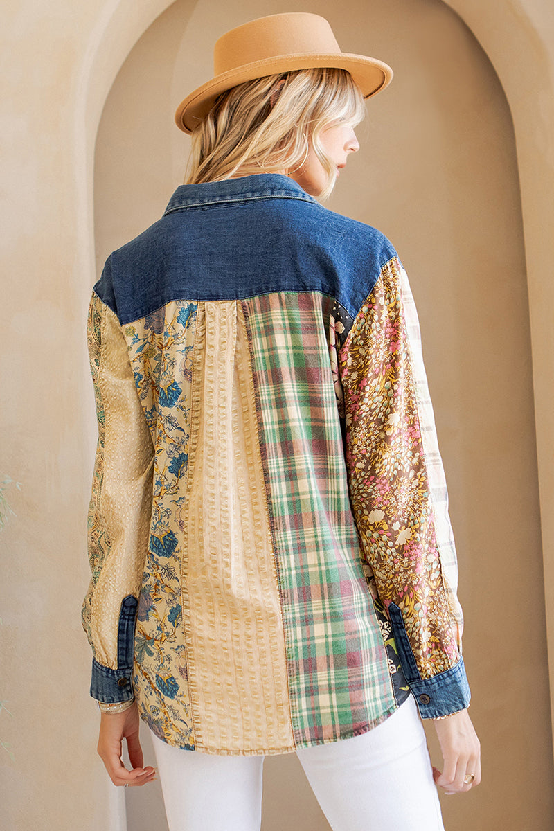 Patchwork Denim/ Cotton Button Shirt