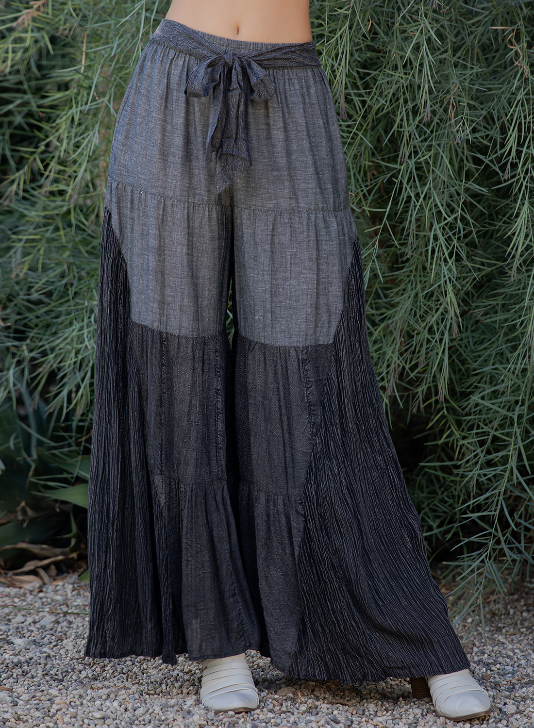 Charcoal Chambray Patchwork Wide Leg Pants