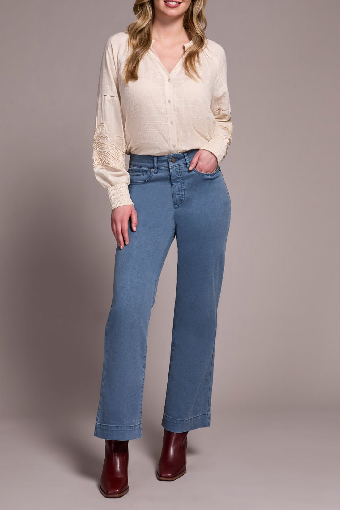 Fly Front Wide Leg Pants-Slate Blue