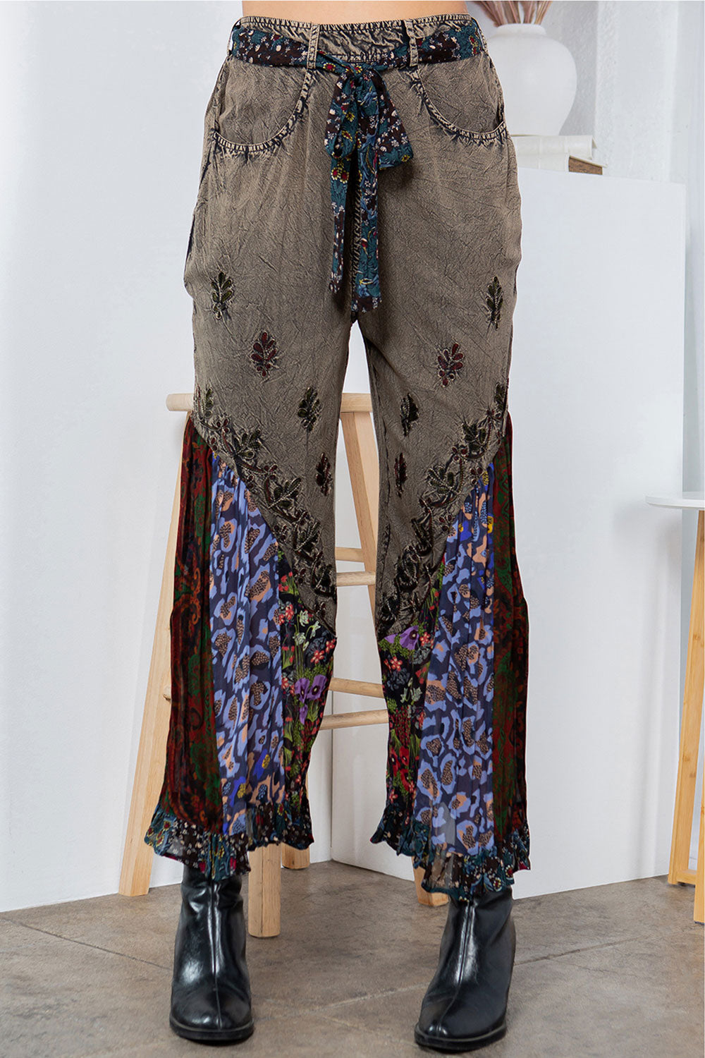 Embroidered Patchwork Bellbottom Pants