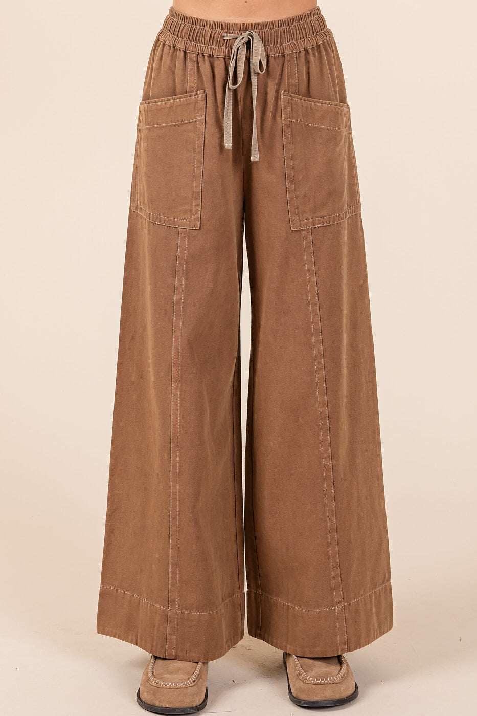 Mineral washed cotton twill wide leg pants for women