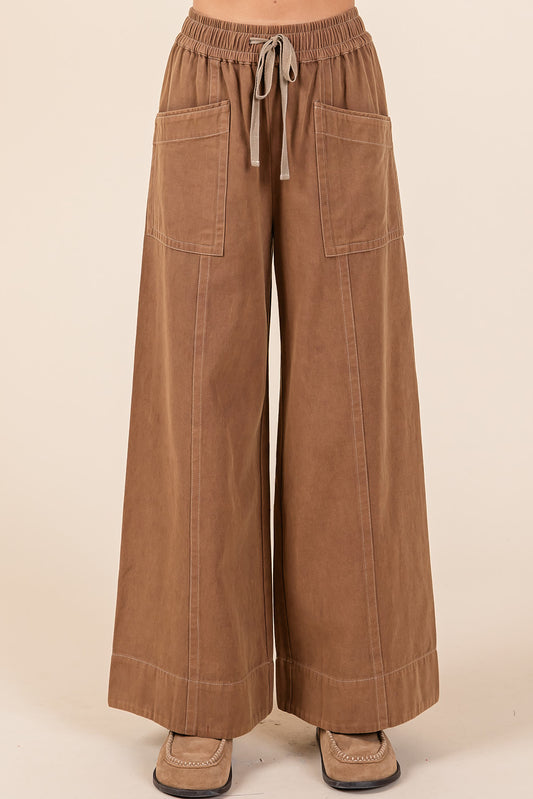 Mineral washed cotton twill wide leg pants for women