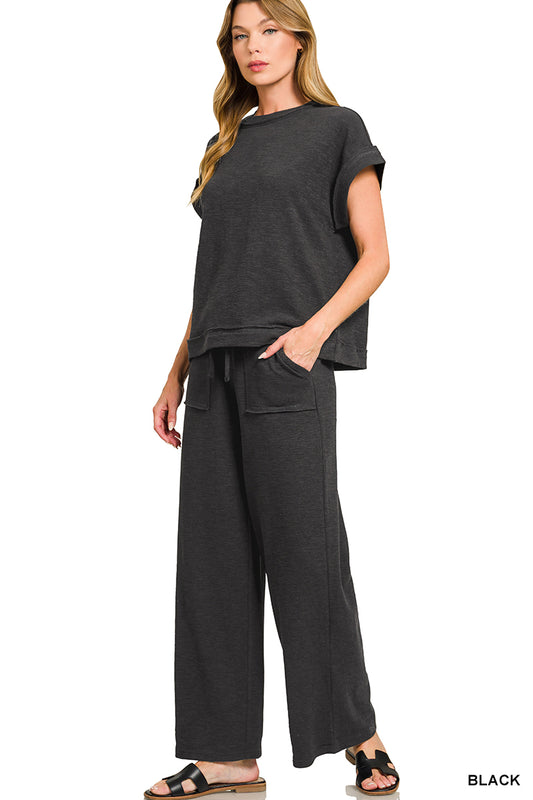 Zenana COTTON SLUB SHORT SLEEVE TEE & LONG PANTS SET