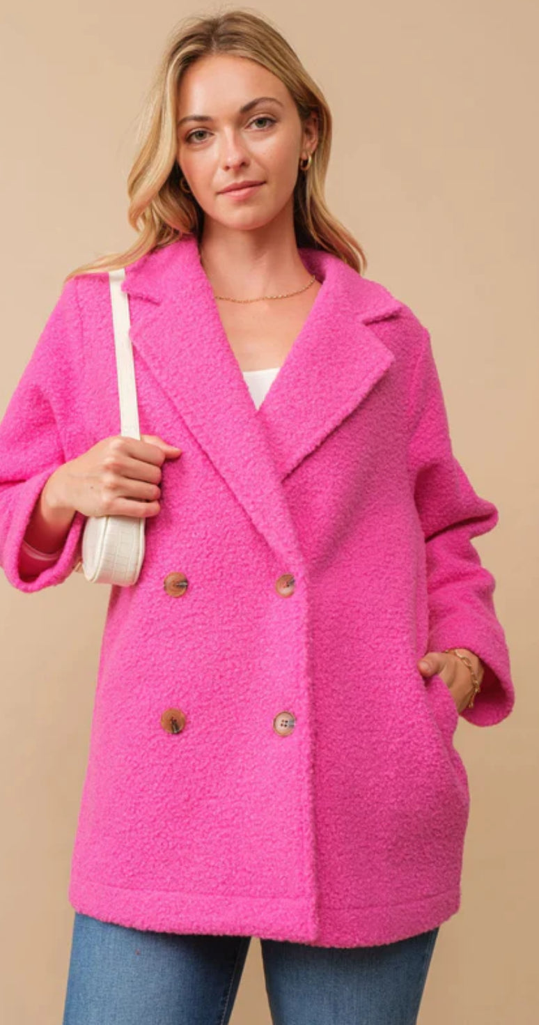 Hot Pink Teddy Fleece Pea Coat