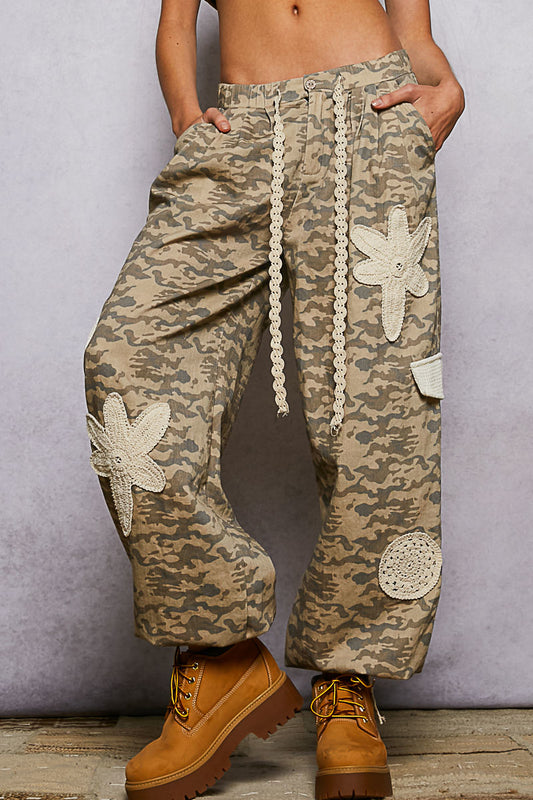 Camo & Crochet Pleated Twill Pants