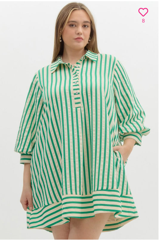 Striped Seersucker Mini Dress-Green