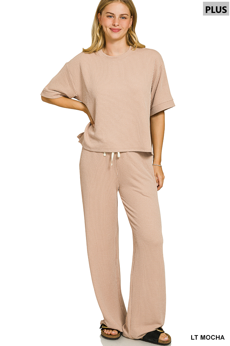 PLUS-Zenana RAISED RIB SHORT SLEEVE TEE & PANTS SET
