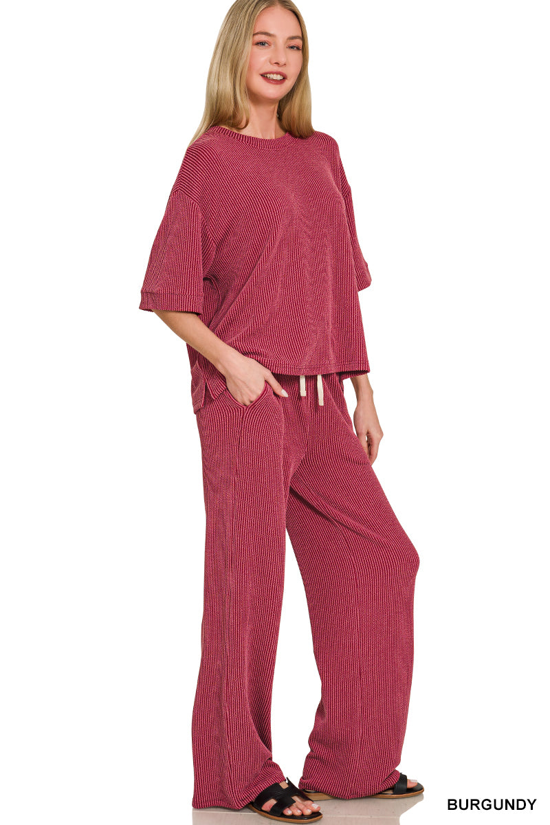 Zenana-RAISED RIB SHORT SLEEVE TEE & PANTS SET