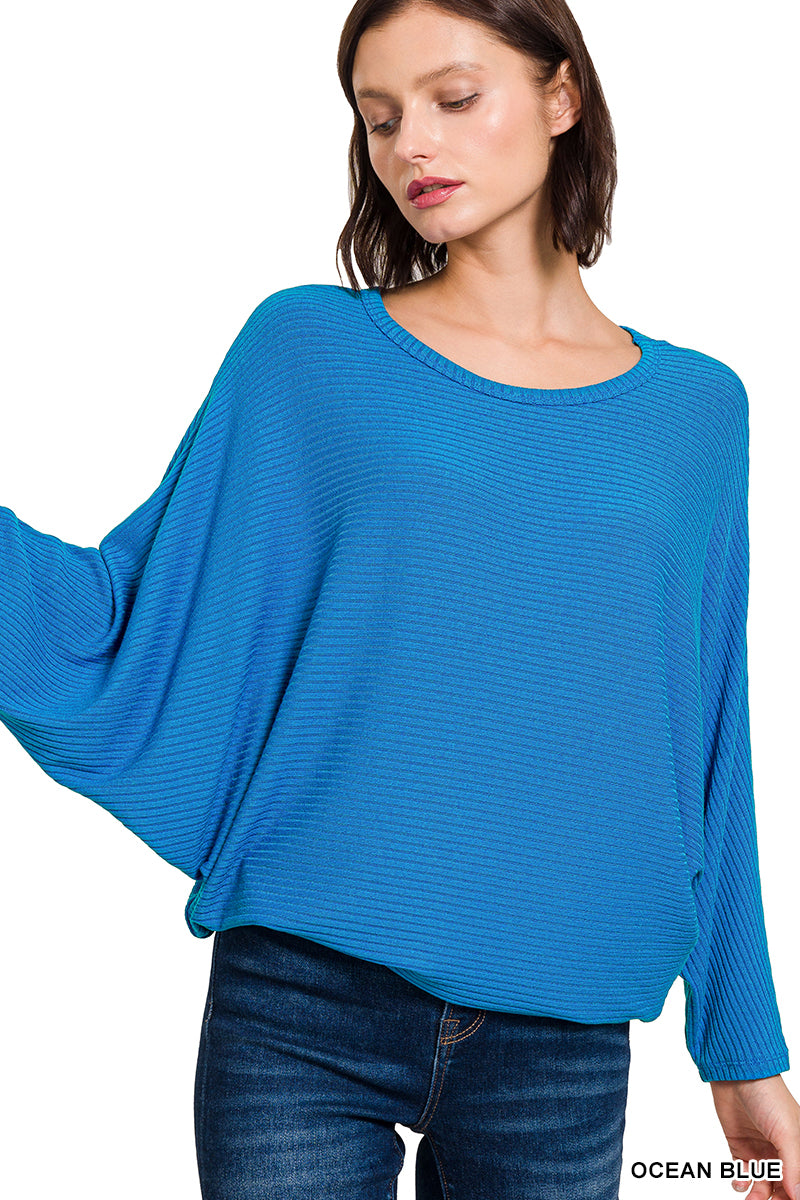 Zenana-RIBBED BATWING LONG SLEEVE BOAT NECK SWEATER