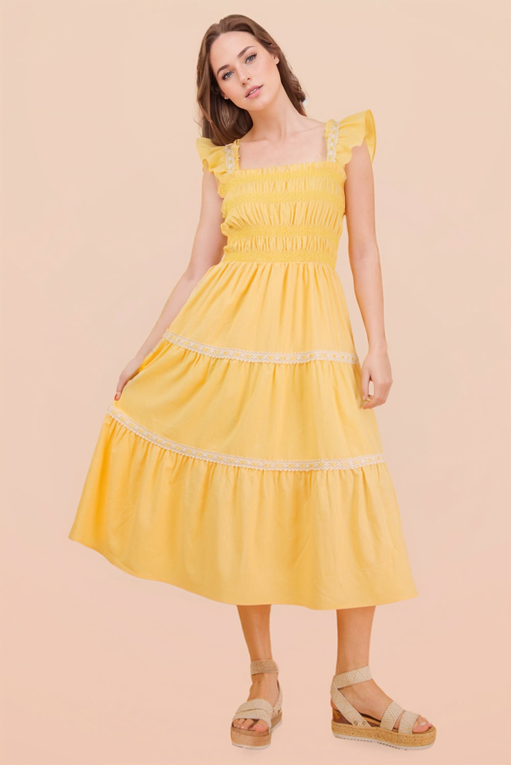 Very J Smocking Detail Solid Woven Midi Dress