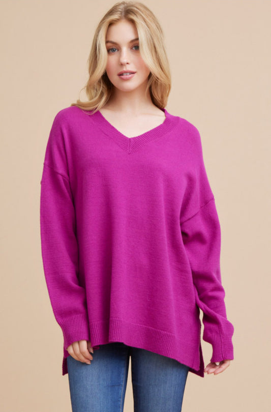 BB-Fuchsia V-neck Drop Shoulder Sweater