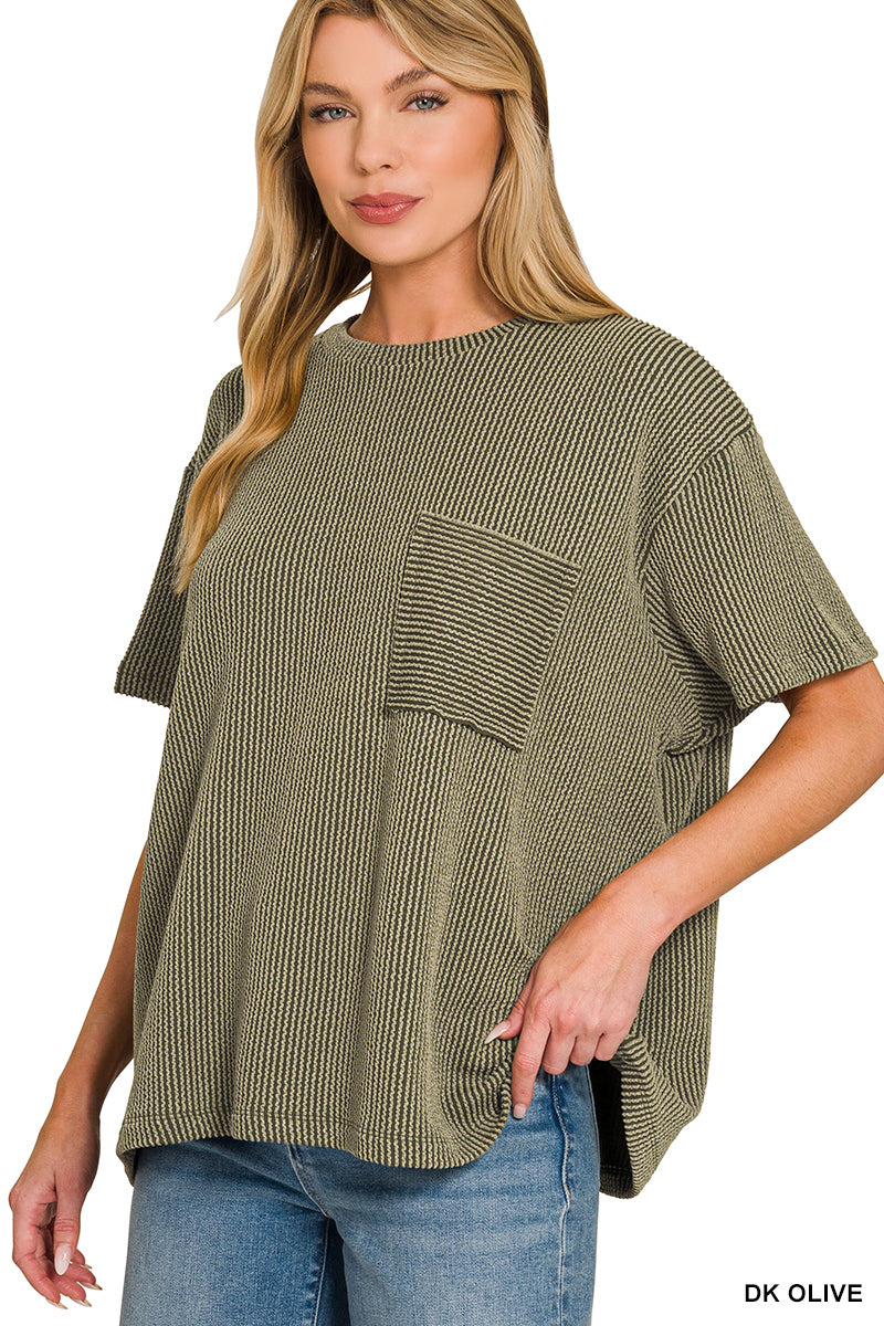 Zenana-RAISED RIB SHORT SLEEVE FRONT POCKET TOP