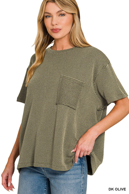 Zenana-RAISED RIB SHORT SLEEVE FRONT POCKET TOP
