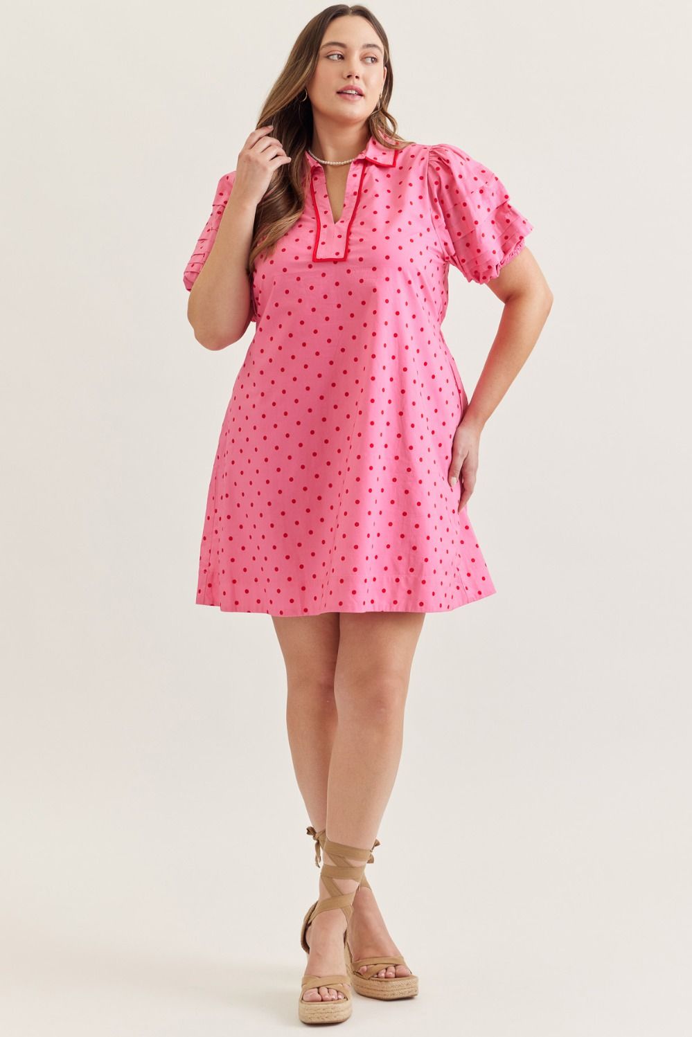Plus Size Entro Polka dot short puff sleeve mini dress.