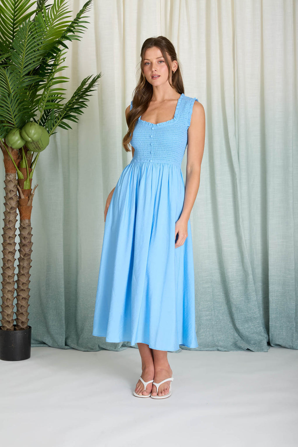 Blu Pepper Sweetheart Smocked Mock Button MIDI Dress