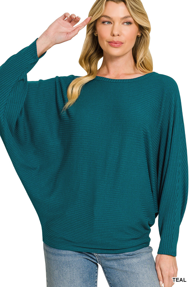 Zenana-RIBBED BATWING LONG SLEEVE BOAT NECK SWEATER
