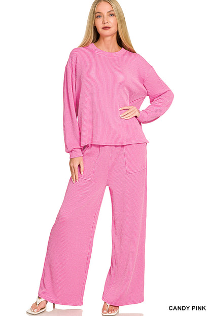 Zenana-Raised Rib pant set w/pockets