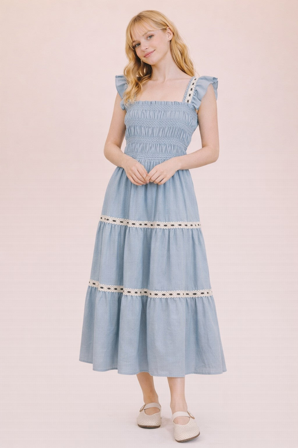 Very J Smocking Detail Solid Woven Midi Dress