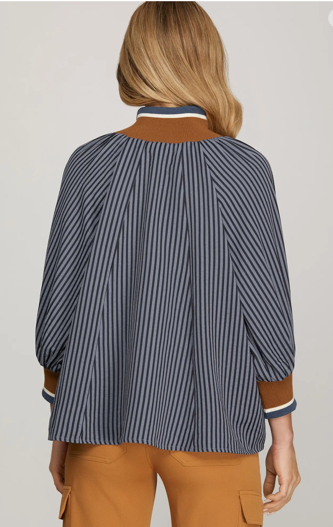 3/4 Sleeve Half Zip Striped Top Blouse - Talk of the Town