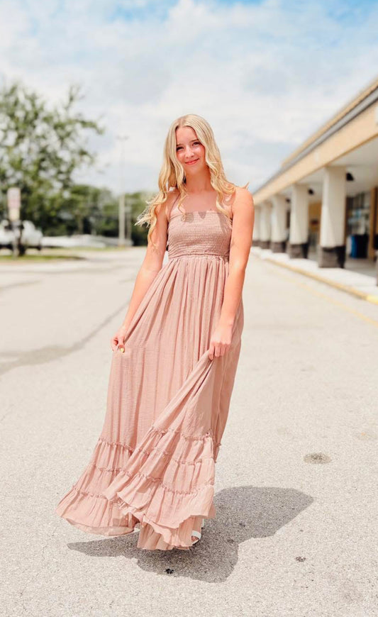 Halter Neck smocked Bodice Tiered Hem Maxi Dress