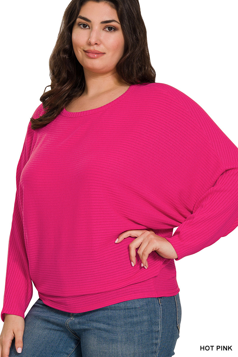 Zenana- PLUS RIBBED BATWING LONG SLEEVE BOAT NECK SWEATER