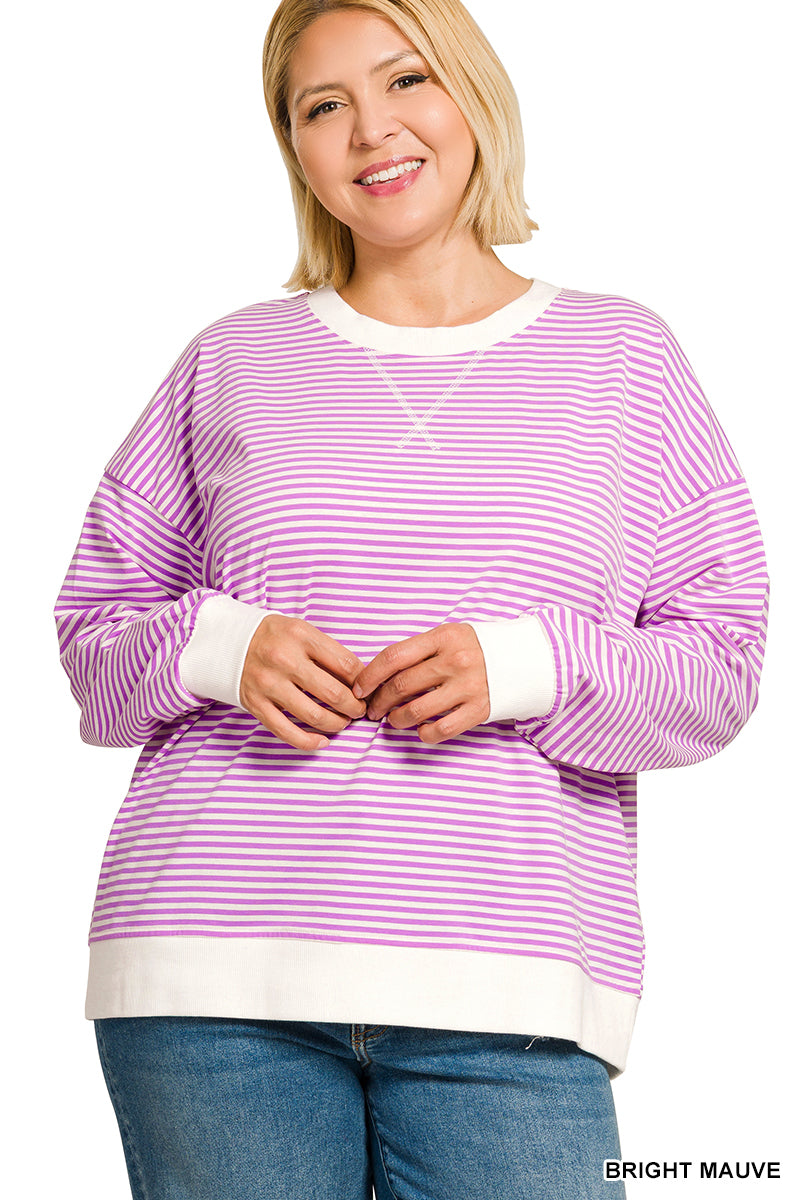 Zenana-PLUS STRIPED RIB BANDED PULLOVER