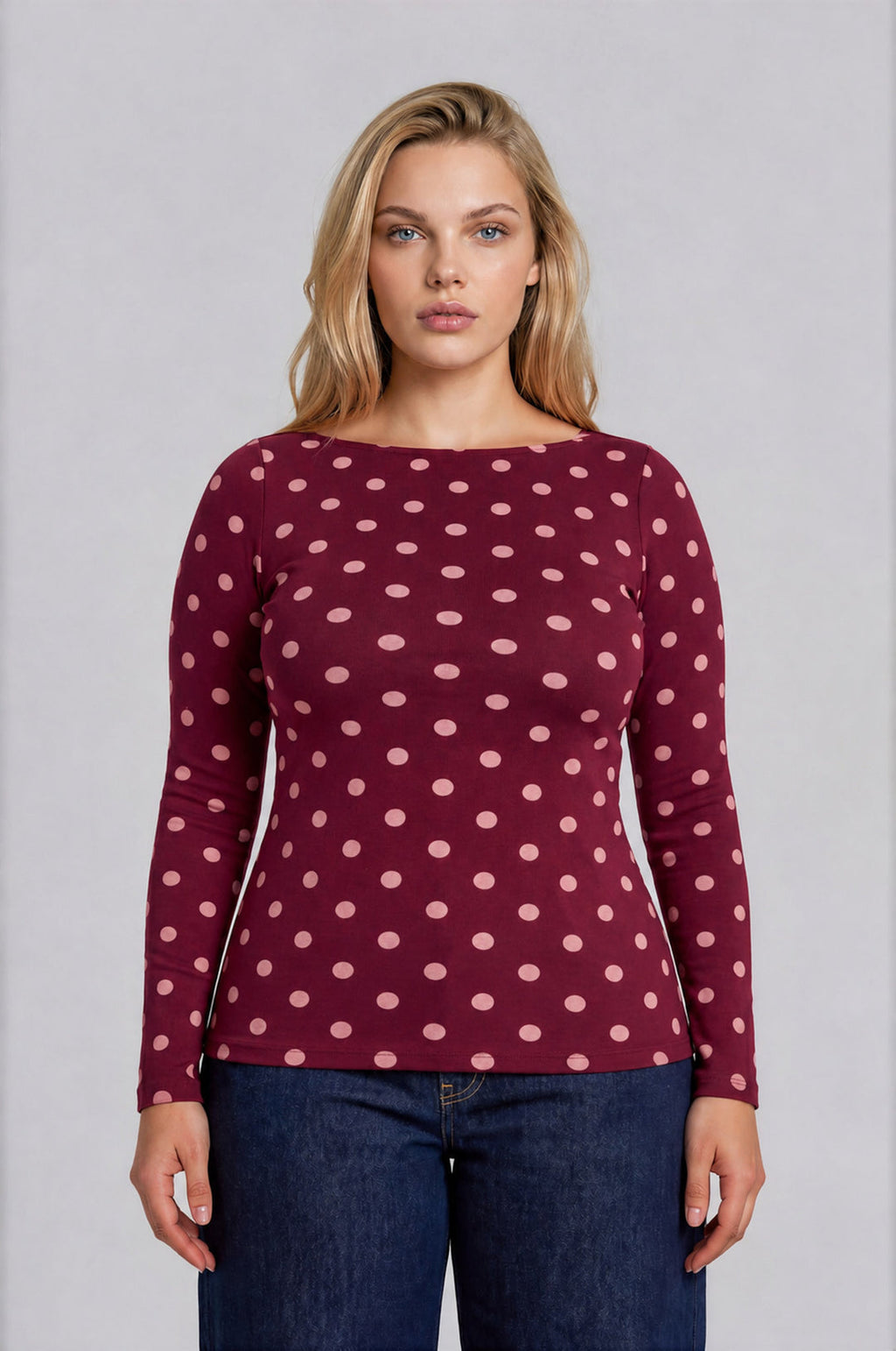 Blu Pepper-POLKA DOT BOAT NECK LONG SLEEVE KNIT TOP
