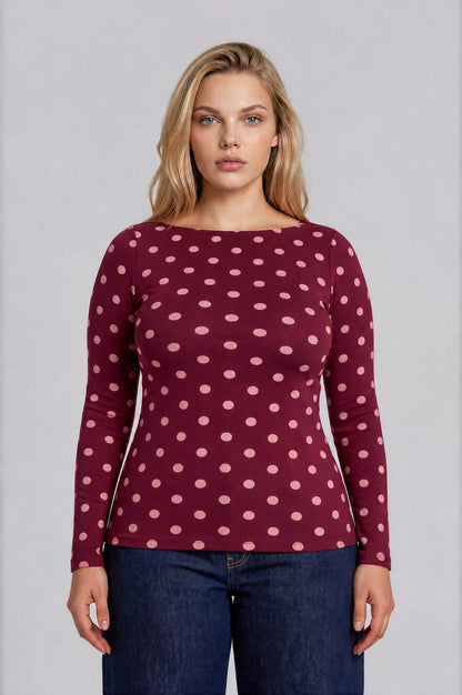 Blu Pepper-POLKA DOT BOAT NECK LONG SLEEVE KNIT TOP