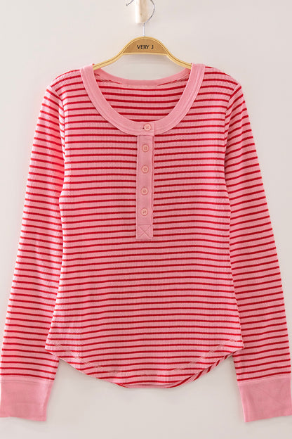 Very J-Striped Ribbed Henley Long Sleeve Top