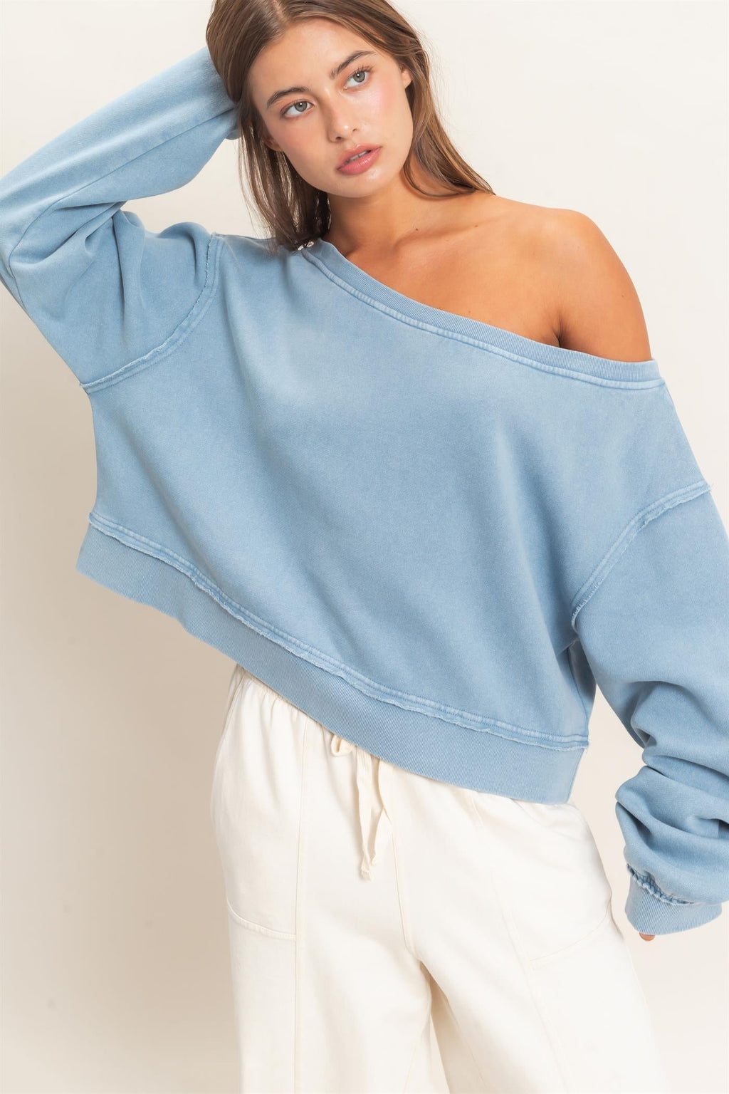 Hyfve- Raw Edge Acid Wash Off The Shoulder Sweatshirt