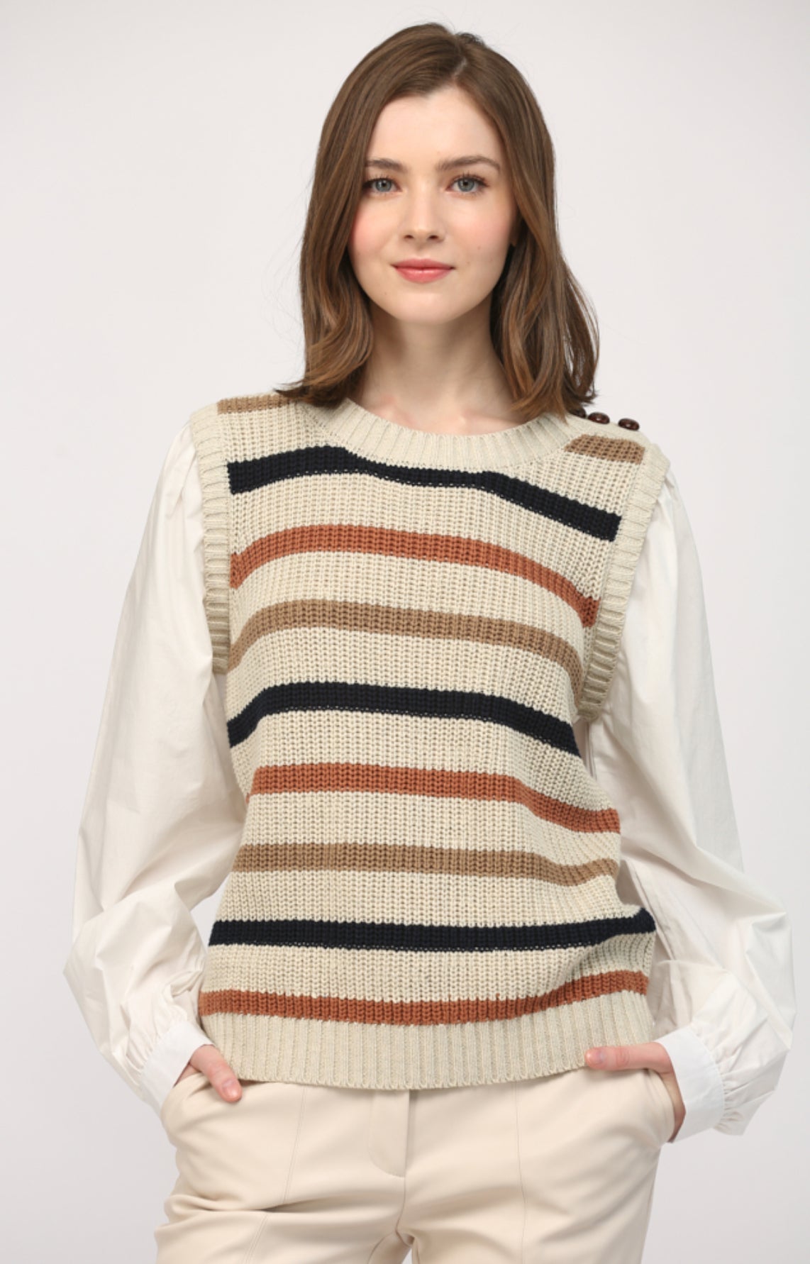 Women’s attached cotton poplin undershirt with striped sweater vest front view