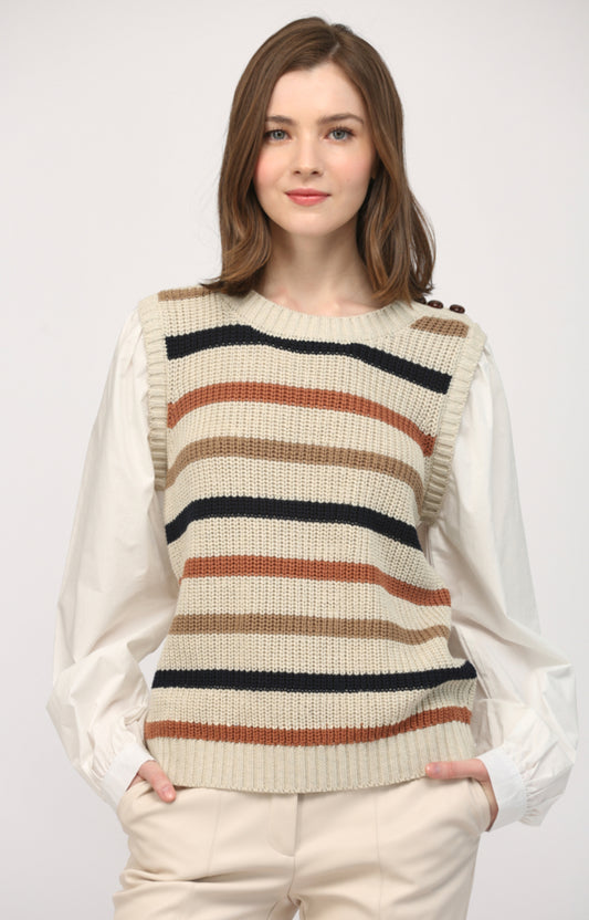 Women’s attached cotton poplin undershirt with striped sweater vest front view