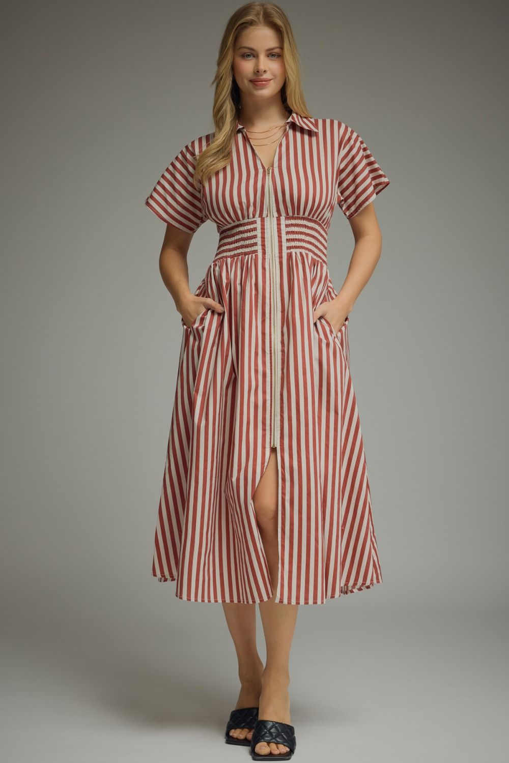 Entro-Stripe short sleeve midi dress featuring smocked waist detail.