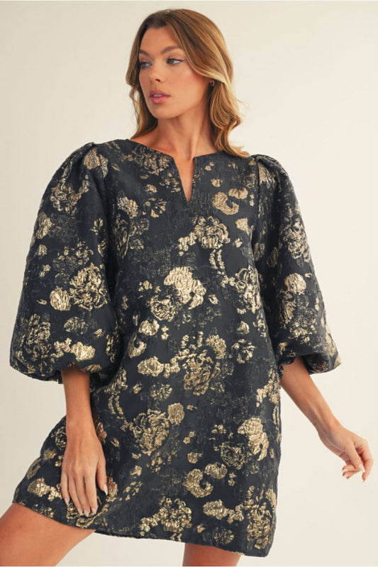 Puff Sleeve Floral Jacquard Dress