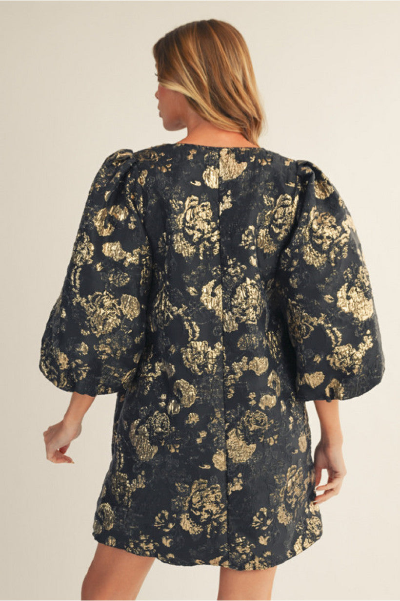 Puff Sleeve Floral Jacquard Dress