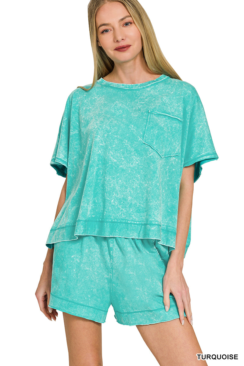 Zenana- ACID WASHED OVERSIZED TOP & SHORTS SET