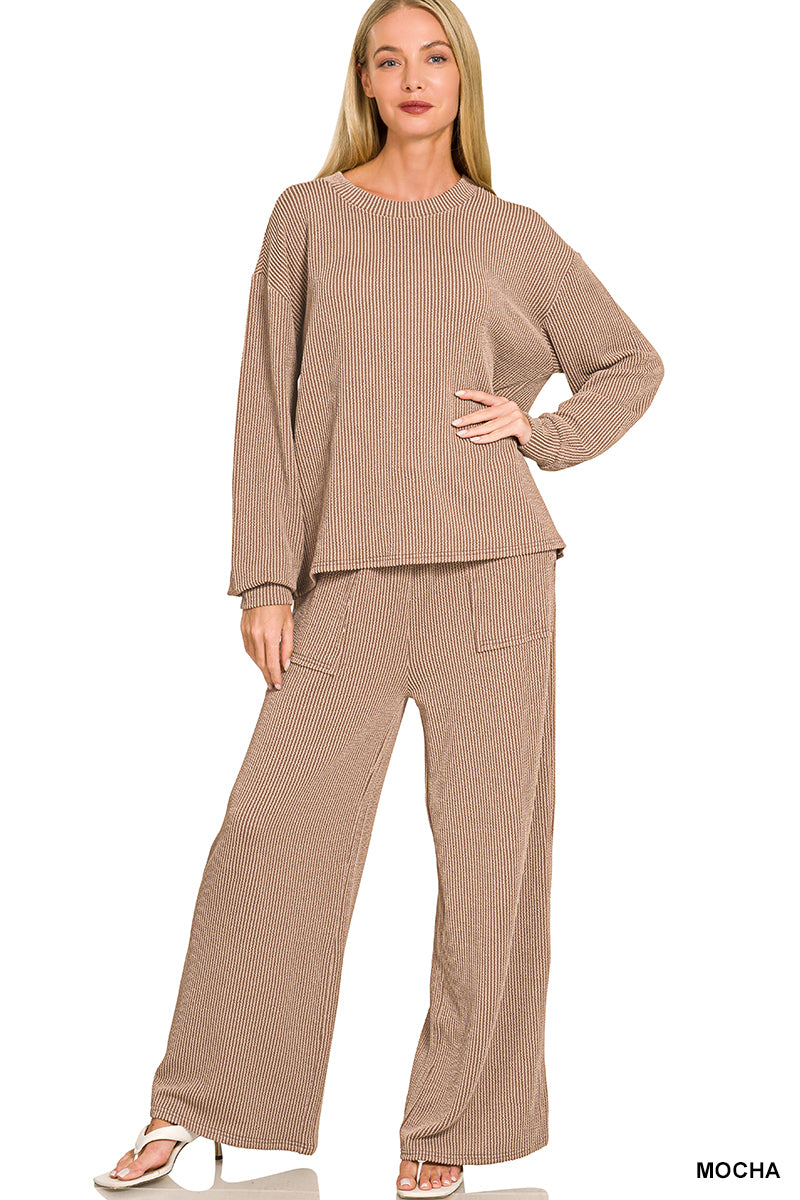Zenana-Raised Rib pant set w/pockets