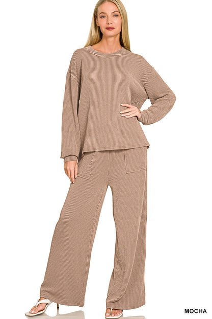 Zenana-Raised Rib pant set w/pockets