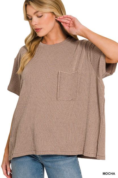 Zenana-RAISED RIB SHORT SLEEVE FRONT POCKET TOP