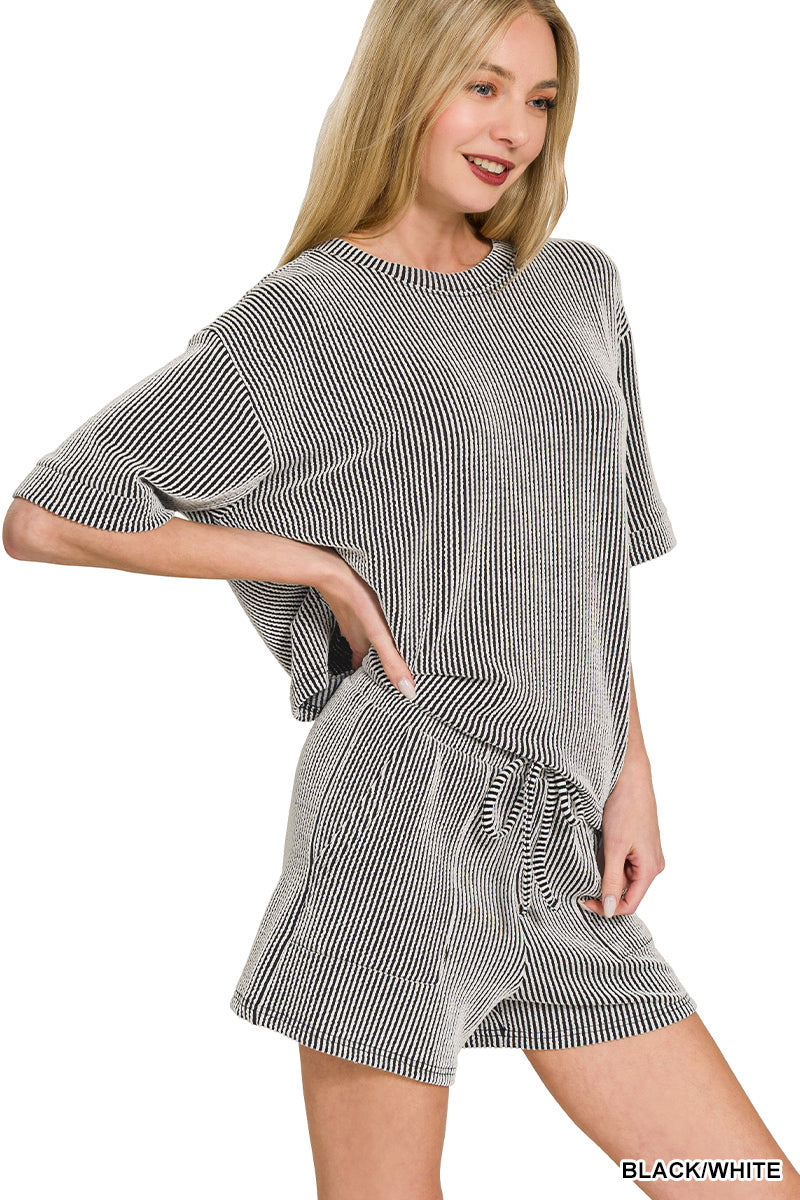 Zenana-RAISED RIB SHORT SLEEVE TEE & SHORT PANTS SET