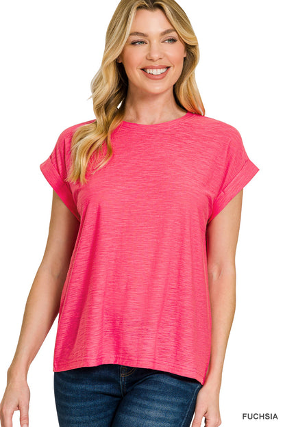 Zenana- SLUB CUFFED SLEEVE TEE