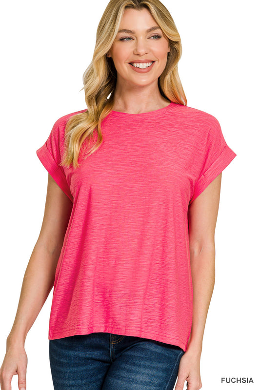 Zenana- SLUB CUFFED SLEEVE TEE