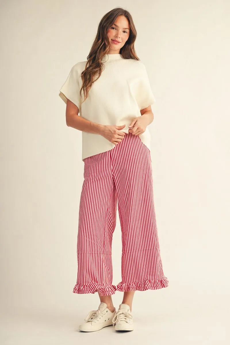 Jodifl-Wide leg stripe casual pants with ruffle hem.
