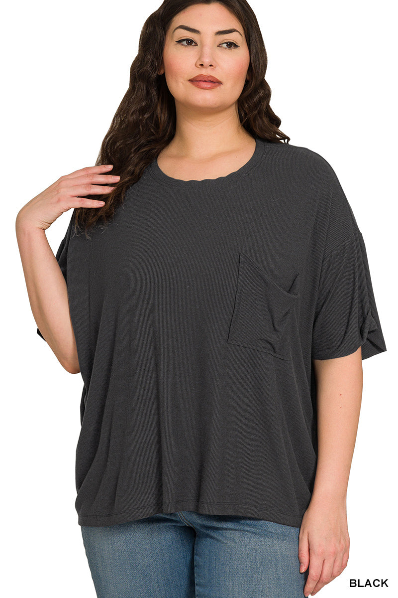 Zenana-PLUS OVERSIZED RIBBED ROUND NECK SHORT SLEEVE TEE