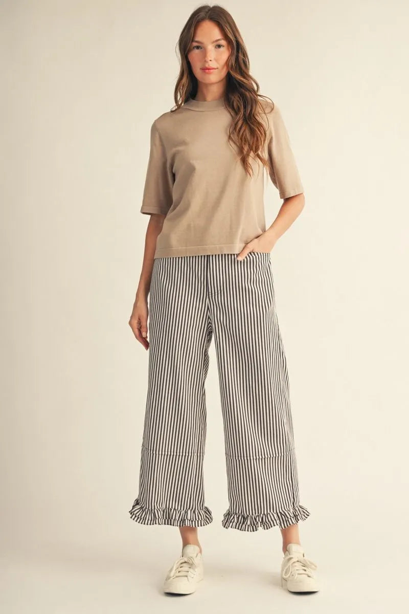 Jodifl-Wide leg stripe casual pants with ruffle hem.